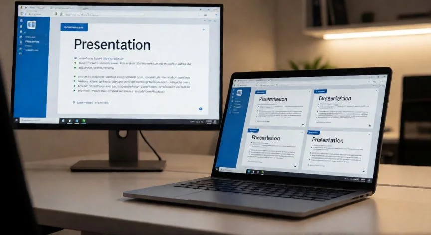 Ordenador portátil mostrando un documento de Word formateado como diapositivas en modo presentación a pantalla completa