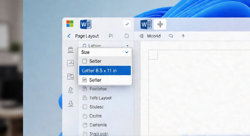 en word tamaño carta, Ventana de Word con el menú de tamaño abierto mostrando la opción Carta seleccionada