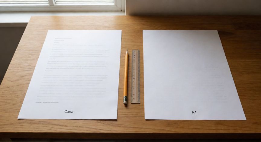 en word tamaño carta, Comparación visual de una hoja tamaño carta y una hoja A4 sobre un escritorio