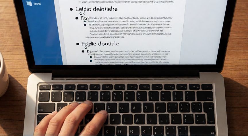 en word viñetas, Pantalla de Word mostrando una lista con viñetas anidadas de tres niveles mientras se escribe en un portátil.