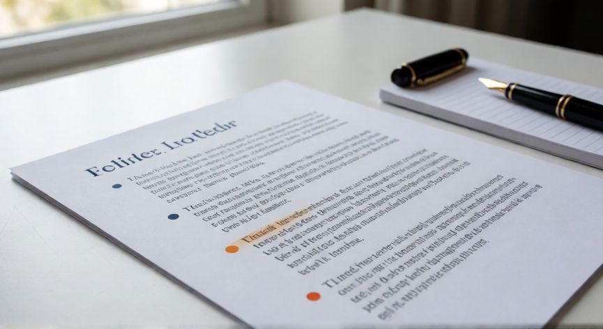 en word viñetas, Documento impreso con viñetas personalizadas en color sobre un escritorio con bolígrafo y libreta.