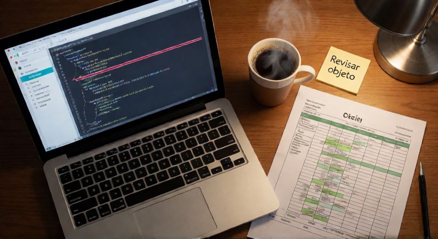 error en excel 1004, Espacio de trabajo con código VBA en la laptop y una hoja de Excel impresa para depurar el error 1004