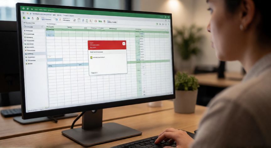 error en excel 57121, Persona viendo un mensaje de error en Microsoft Excel en la pantalla del ordenador