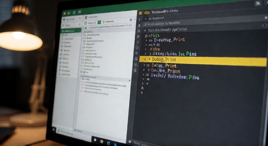 error en excel 57121, Editor de VBA de Excel mostrando código de depuración para diagnosticar un error