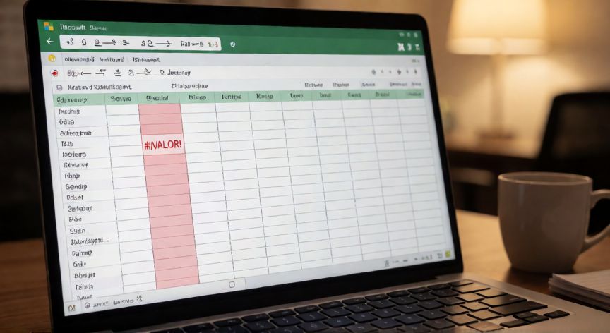 error en excel valor, Pantalla de Excel mostrando el error #¡VALOR! en una celda con fórmula incorrecta