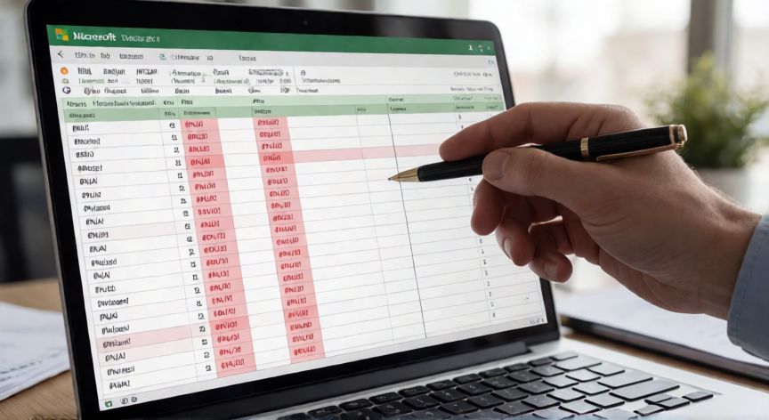 errores en excel y su significado, Pantalla de Excel mostrando celdas con códigos de error en rojo como #N/A, #REF! y #DIV/0!