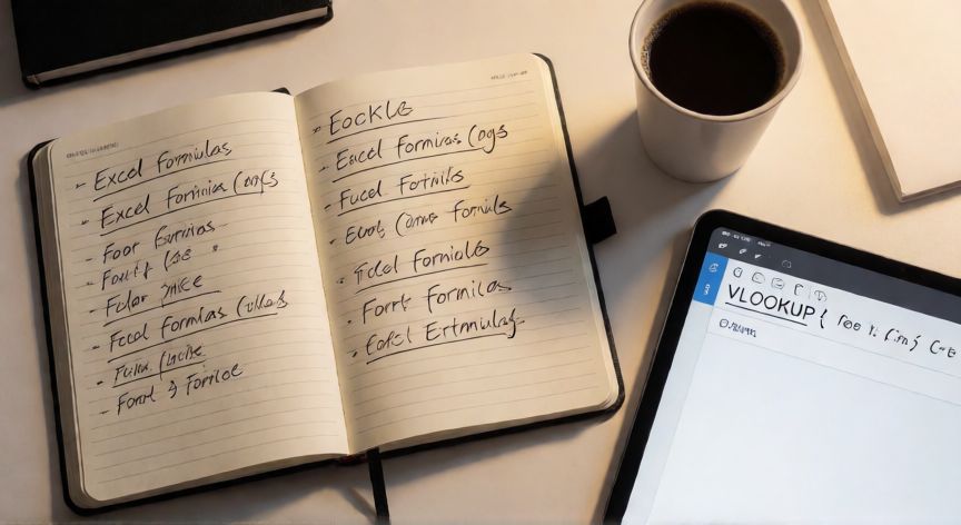 errores en excel y su significado, Cuaderno con notas de fórmulas de Excel y errores junto a una tablet mostrando la barra de fórmulas