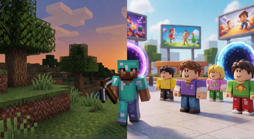es lo mismo minecraft y roblox, Comparación visual entre el mundo de bloques de Minecraft y un lobby de Roblox