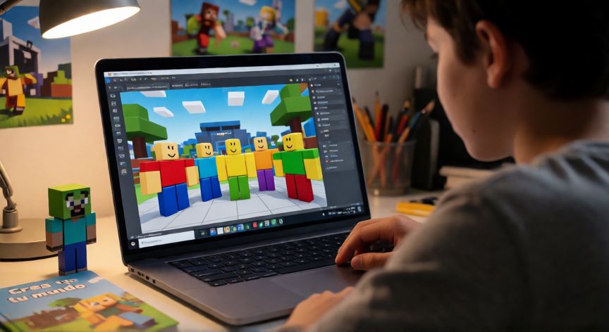 es lo mismo minecraft y roblox, Joven creando contenido en Roblox Studio con una figurita de Minecraft al lado