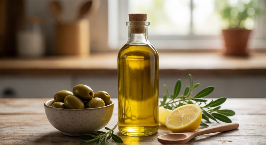 es mejor aceite animal o vegetal, Botella de aceite de oliva virgen extra con aceitunas, hierbas aromáticas y limón sobre mesa de cocina