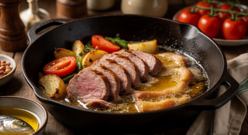 es mejor aceite animal o vegetal, Aceite animal en cacerola con carne asada, vegetales y un pequeño bol de aceite de pescado