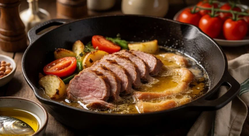 es mejor aceite animal o vegetal, Aceite animal en cacerola con carne asada, vegetales y un pequeño bol de aceite de pescado