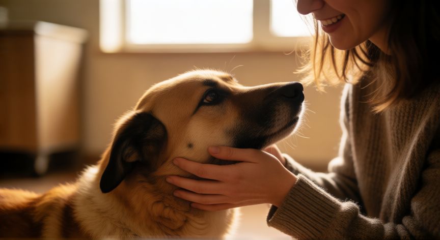 es mejor adoptar animales que comprarlos, Persona adoptando a un perro rescatado en un refugio de animales