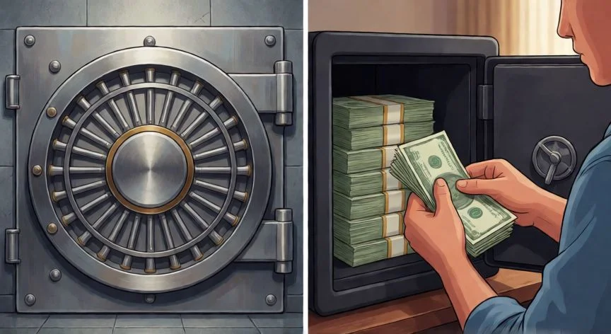 es mejor ahorrar en dolares, Comparación visual entre seguridad bancaria y almacenamiento de efectivo en casa para ahorrar en dólares