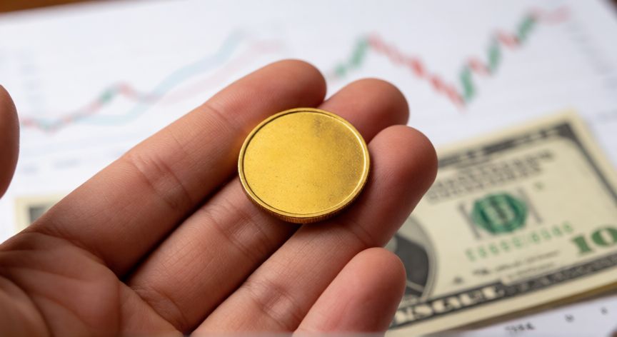 es mejor ahorrar en dolares o en oro, Mano sosteniendo una moneda de oro con gráficos financieros y billetes de dólar de fondo