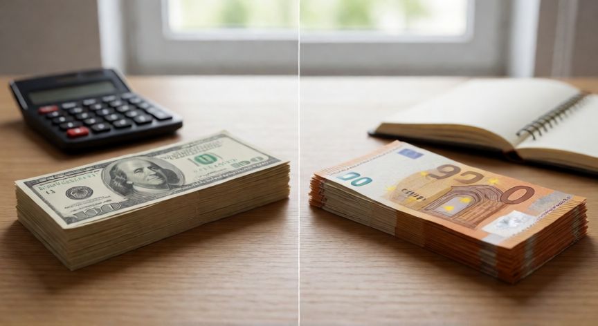 es mejor ahorrar en dolares o euros, Pila de billetes de dólares y euros sobre un escritorio financiero