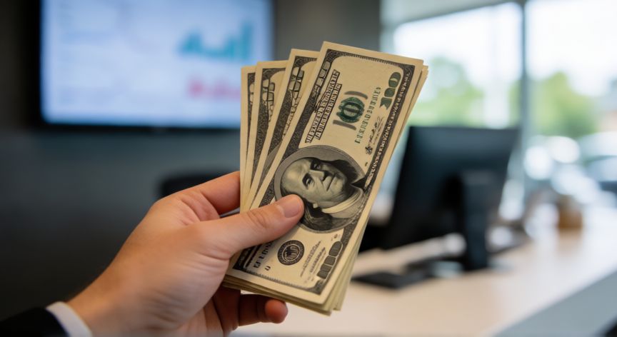 es mejor ahorrar en dolares o pesos colombianos, Mano sosteniendo billetes de cien dólares con gráficos financieros de fondo