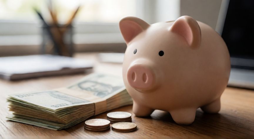 es mejor ahorrar en efectivo o en el banco, Banco de cerámica y billetes de efectivo sobre un escritorio de madera