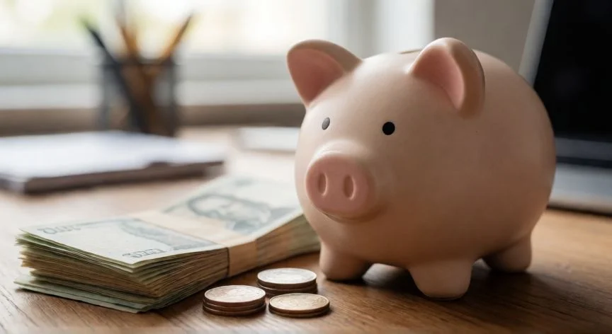 Banco de cerámica y billetes de efectivo sobre un escritorio de madera