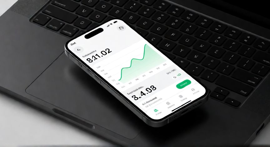 es mejor ahorrar en efectivo o en el banco, Teléfono móvil mostrando una aplicación de banca digital con gráficos de ahorro