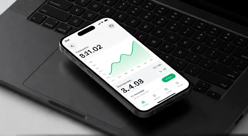 es mejor ahorrar en efectivo o en el banco, Teléfono móvil mostrando una aplicación de banca digital con gráficos de ahorro