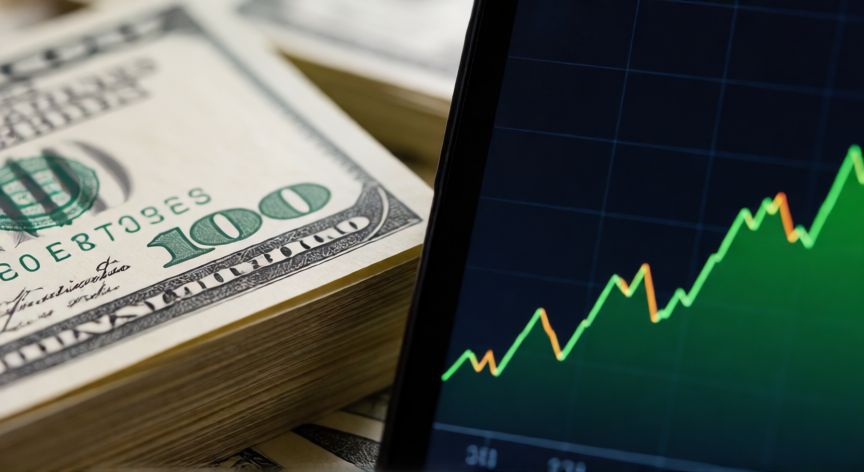 es mejor ahorrar en pesos o dolares, Comparación visual entre billetes de dólares y una gráfica de rendimiento financiero
