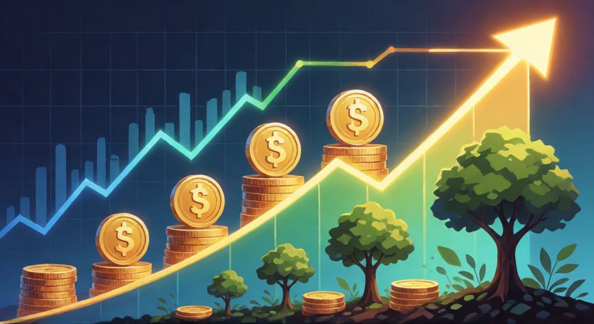 es mejor ahorrar o invertir, Grafico en ascenso con monedas y árboles de dinero simbolizando el crecimiento de la inversión