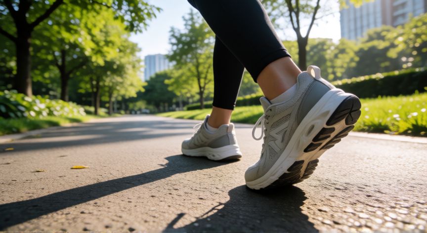 es mejor andar a pie, Zapatillas deportivas caminando por un parque urbano con luz de mañana