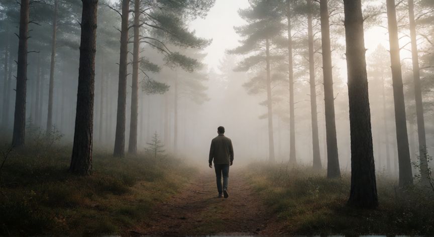 es mejor andar a pie, Persona caminando en un sendero de bosque con niebla suave y árboles altos