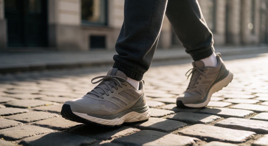 es mejor andar a pie que en caballo prestado, Persona caminando por una calle empedrada con calzado deportivo