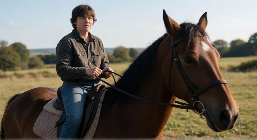 es mejor andar a pie que en caballo prestado, Jinete incómodo montando un caballo en el campo
