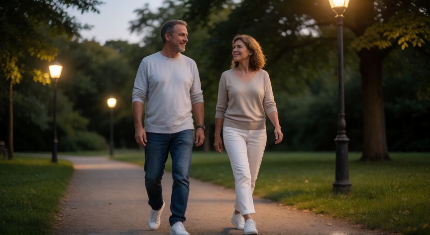 es mejor andar antes o despues de cenar, Pareja caminando por un parque al atardecer después de cenar