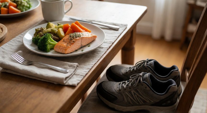 es mejor andar antes o despues de cenar, Zapatillas de deporte junto a una cena saludable en la mesa