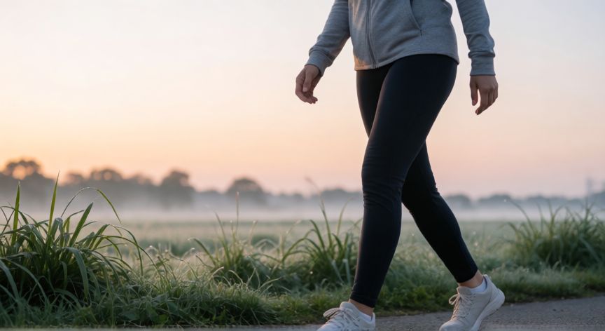 es mejor andar antes o después de desayunar, Persona caminando al amanecer en ayunas