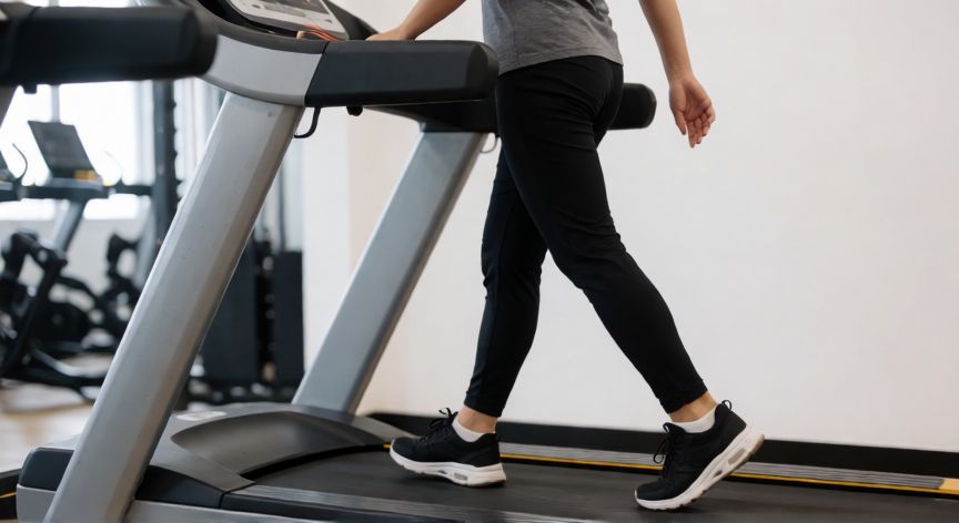 es mejor andar antes o despues de entrenar, Persona caminando en una cinta de correr como calentamiento previo al entrenamiento