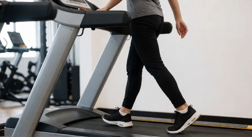 Persona caminando en una cinta de correr como calentamiento previo al entrenamiento