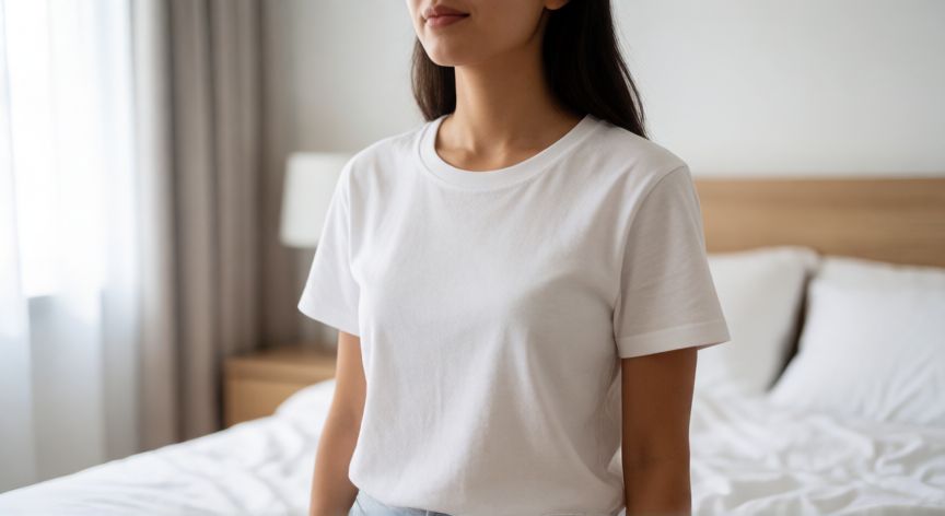 es mejor andar con brasier o sin brasier, Mujer cómoda sin sujetador en su habitación con luz natural