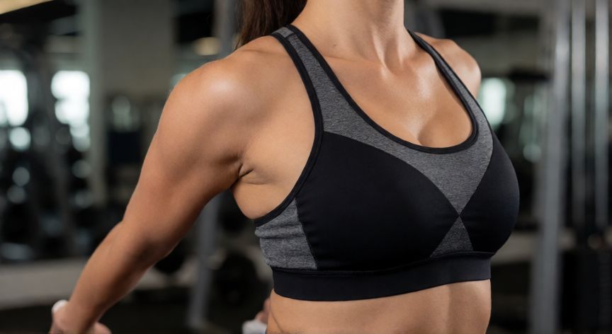 es mejor andar con brasier o sin brasier, Mujer estirando con sujetador deportivo en el gimnasio