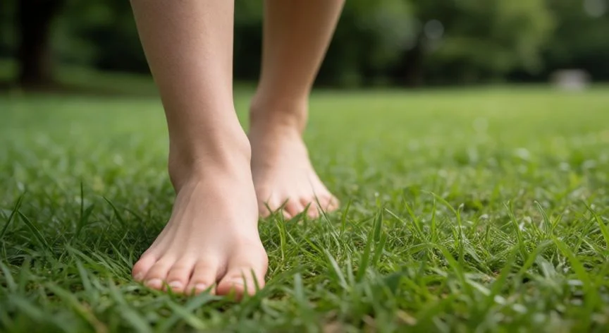 Pies descalzos caminando sobre la hierba en un parque verde