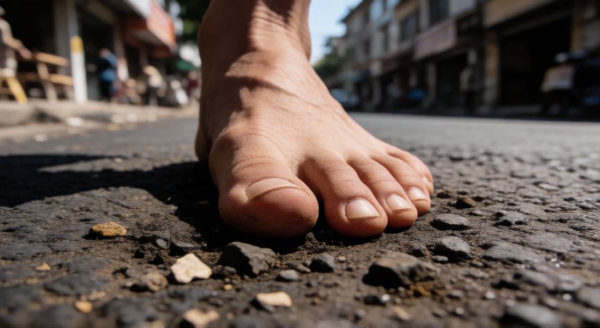 es mejor andar descalzo, Pie descalzo sobre asfalto urbano con residuos visibles