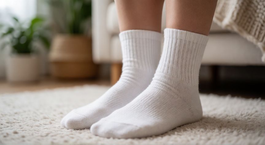 es mejor andar descalzo en casa, Pies con calcetines blancos cómodos sobre una alfombra suave en casa