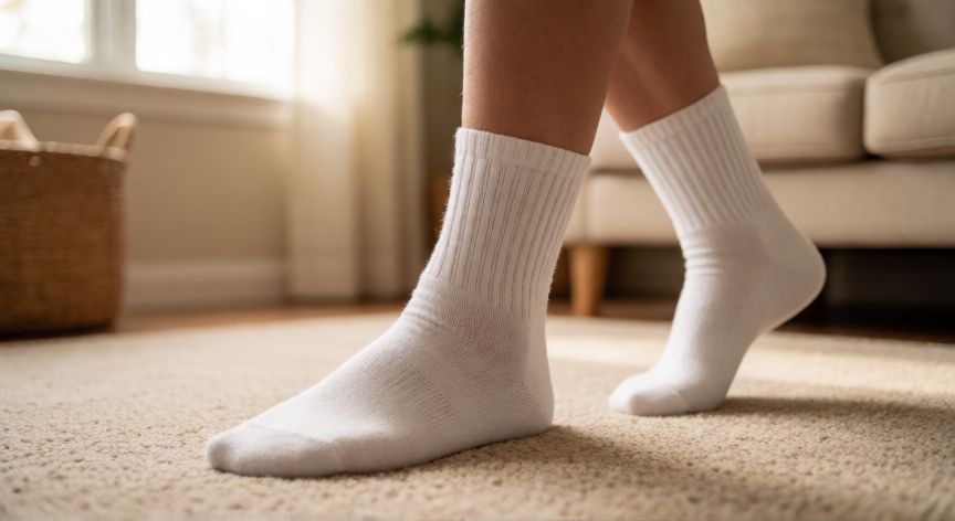 es mejor andar descalzo o con calcetines, Persona caminando con calcetines blancos de algodón sobre una alfombra en casa