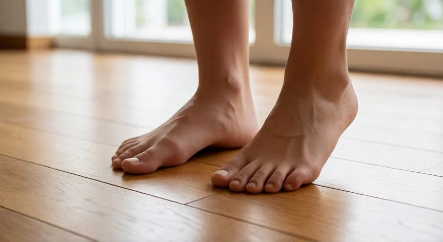 Pies descalzos caminando sobre suelo de madera en casa