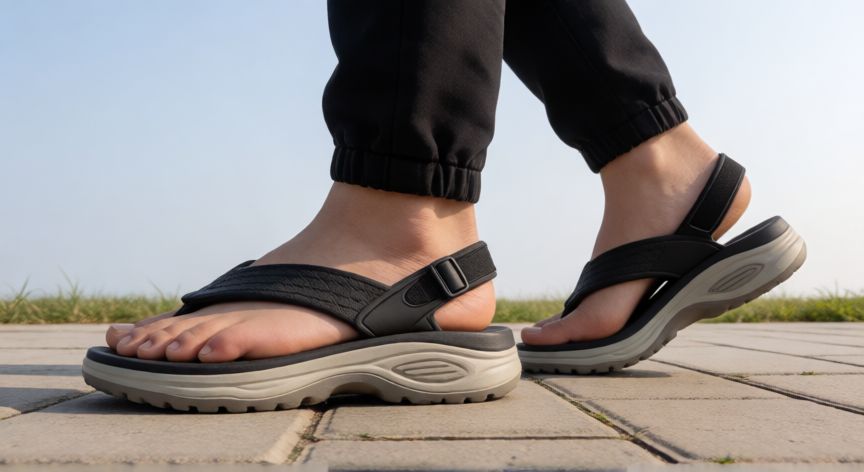 es mejor andar descalzo o con chanclas, Persona usando chanclas con soporte caminando por la acera