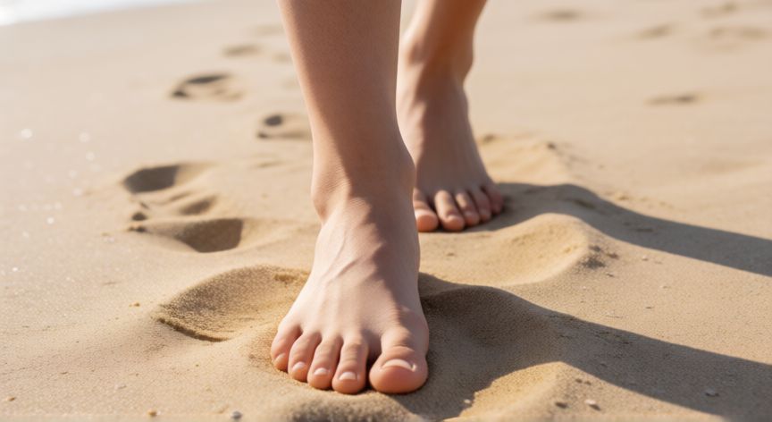 es mejor andar descalzo o con zapatos, Pies descalzos caminando sobre la arena de la playa bajo el sol