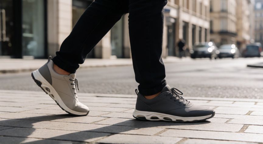 es mejor andar descalzo o con zapatos, Persona usando zapatos minimalistas caminando por una calle de la ciudad