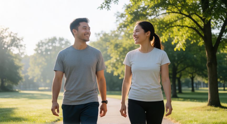 es mejor andar dos que uno, Dos amigos caminando y hablando en un parque soleado