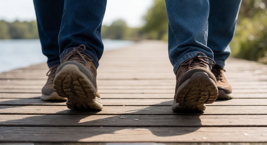 es mejor andar dos que uno, Pares de zapatos de caminar avanzando por una pasarela de madera junto al agua