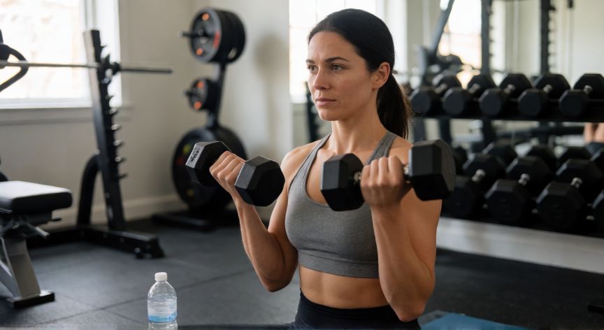 es mejor andar en ayunas, Mujer levantando mancuernas en un gimnasio casero con esfuerzo