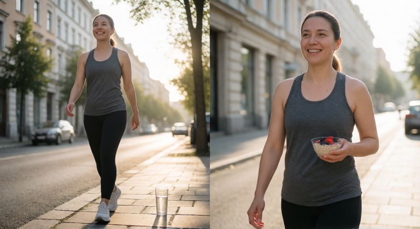 es mejor andar en ayunas o despues de desayunar, Comparación fotográfica de caminar en ayunas versus después de desayunar
